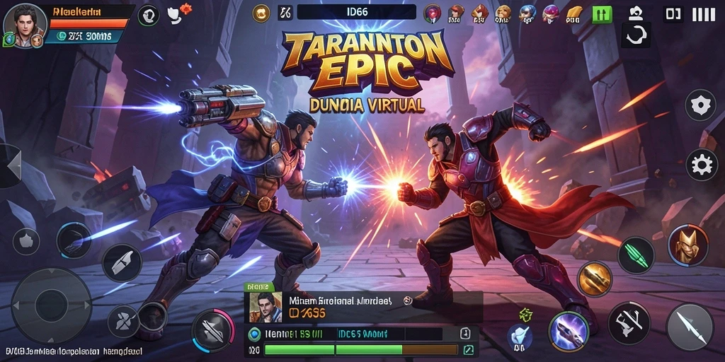 Screenshot menampilkan karakter bertarung di arena yang mendebarkan.
