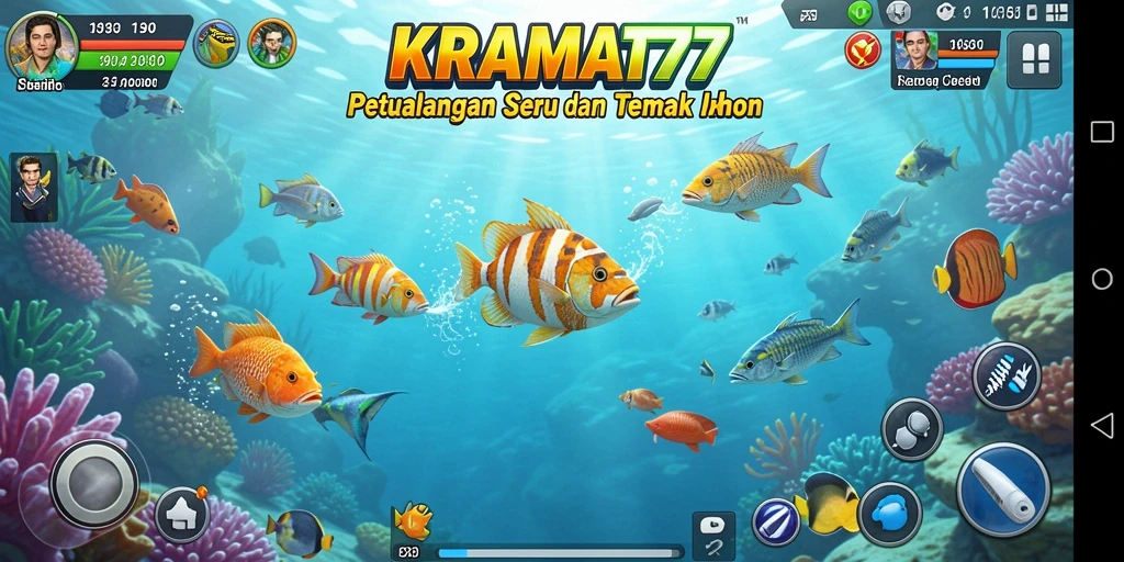 Screenshot KRAMAT77 menampilkan aksi menembak ikan yang seru dan penuh warna.