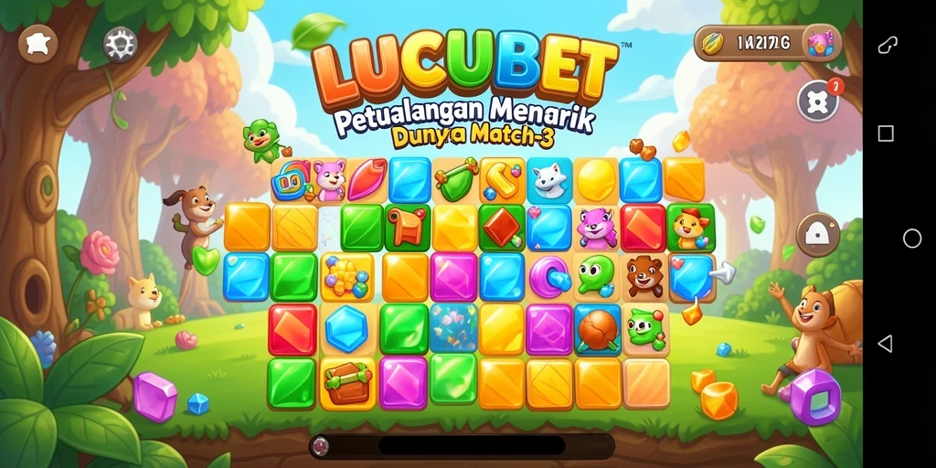 Tangkapan layar LUCUBET menampilkan gameplay mencocokkan elemen warna-warni yang menyenangkan.