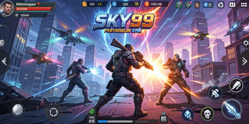 Tampilan gameplay <strong>SKY99</strong> saat pertarungan seru dan mendebarkan.